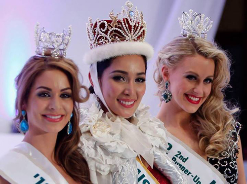 Top 3 Miss International 2013, từ trái qua: Á hậu 1 - Hoa hậu Hà Lan Nathalie den Dekker, Tân Hoa hậu Quốc tế, Á hậu 2 - người đẹp New Zealand Lorena Hermida.